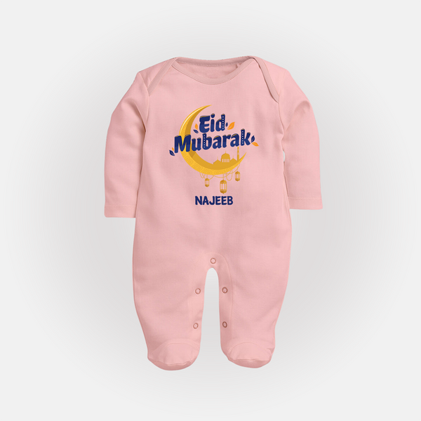 Eid Mubarak Crescent Moon Personalized Kids Fullbody suit - BABY PINK - New Born (Chest 7.5")