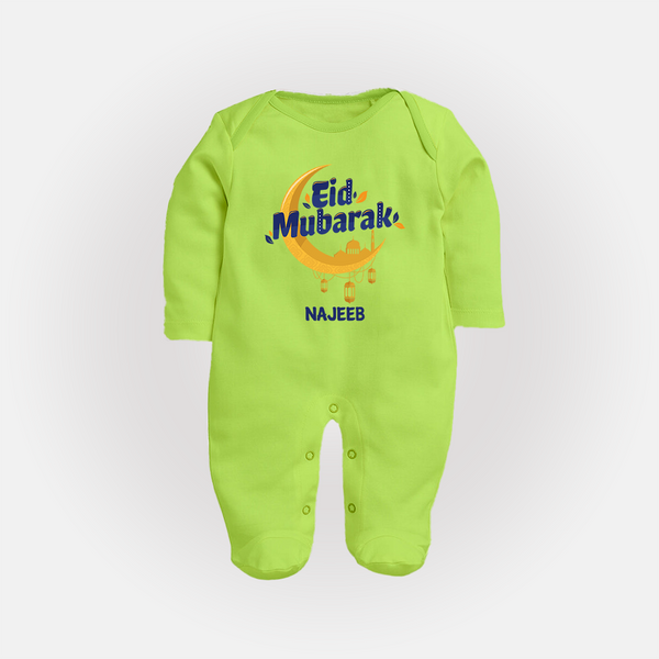 Eid Mubarak Crescent Moon Personalized Kids Fullbody suit - LIME GREEN - New Born (Chest 7.5")