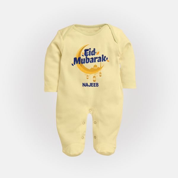 Eid Mubarak Crescent Moon Personalized Kids Fullbody suit - PASTEL YELLOW - New Born (Chest 7.5")