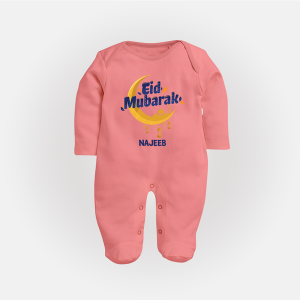 Eid Mubarak Crescent Moon Personalized Kids Fullbody suit - PEACH - New Born (Chest 7.5")