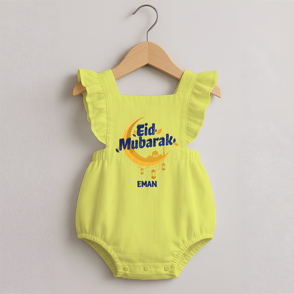 Eid Mubarak Crescent Moon Personalized Kids Romper frock - PASTEL YELLOW - 0 - 3 Months Old (Chest 19")