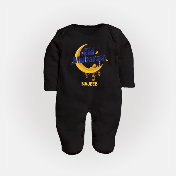 Eid Mubarak Crescent Moon Personalized Kids Fullbody suit - BLACK - New Born (Chest 7.5")
