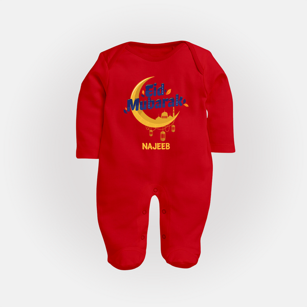 Eid Mubarak Crescent Moon Personalized Kids Fullbody suit - RED - New Born (Chest 7.5")