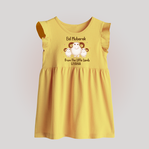 Eid Mubarak Little Lamb Personalized Baby frock - PASTEL YELLOW - 0 - 3 Months Old (Chest 17")