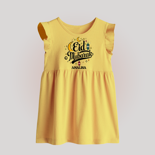 Eid Mubarak Calligraphy Personalized Kids Baby frock - PASTEL YELLOW - 0 - 3 Months Old (Chest 17")
