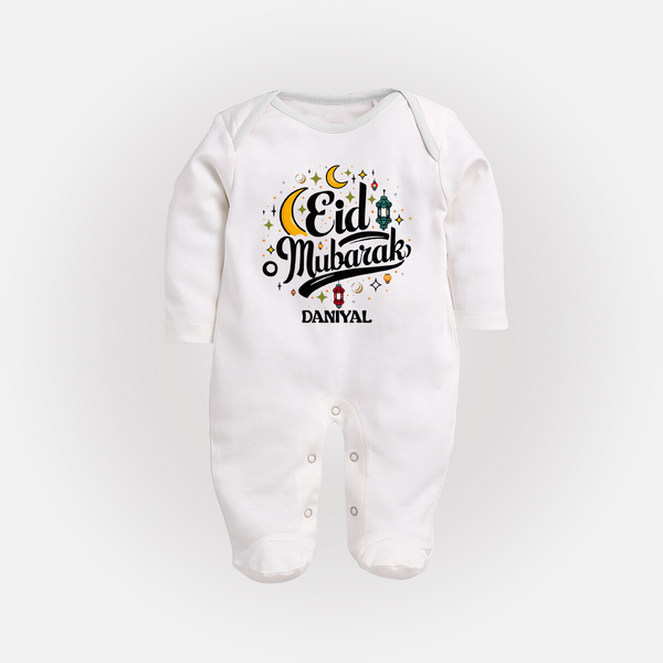 Eid Mubarak Calligraphy Personalized Kids Fullbody suit - WHITE - New Born (Chest 7.5")