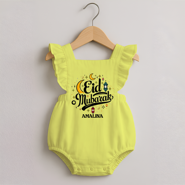 Eid Mubarak Calligraphy Personalized Kids Romper frock - PASTEL YELLOW - 0 - 3 Months Old (Chest 19")