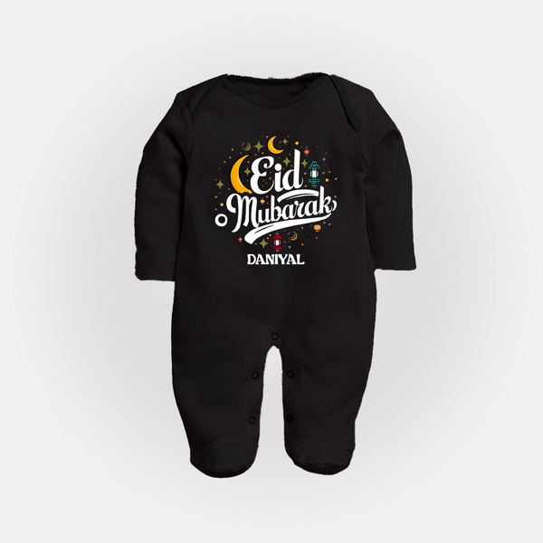 Eid Mubarak Calligraphy Personalized Kids Fullbody suit - BLACK - New Born (Chest 7.5")