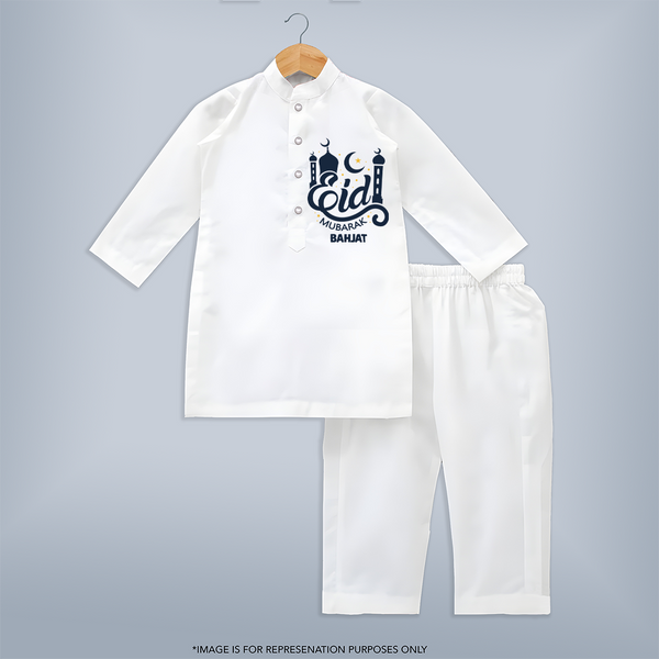 Classic Eid Mubarak Islamic Design Kurta – Custom Name - WHITE - 3 - 6 Months Old (Chest 24", Kurta Length 14'', Waist 19", Pant Length 14")