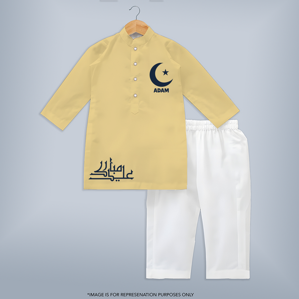 Crescent Moon & Star Eid Personalized Kids Kurta - PASTEL YELLOW - 3 - 6 Months Old (Chest 24", Kurta Length 14'', Waist 19", Pant Length 14")