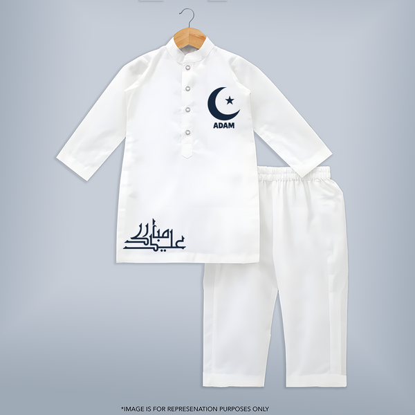 Crescent Moon & Star Eid Personalized Kids Kurta - WHITE - 3 - 6 Months Old (Chest 24", Kurta Length 14'', Waist 19", Pant Length 14")
