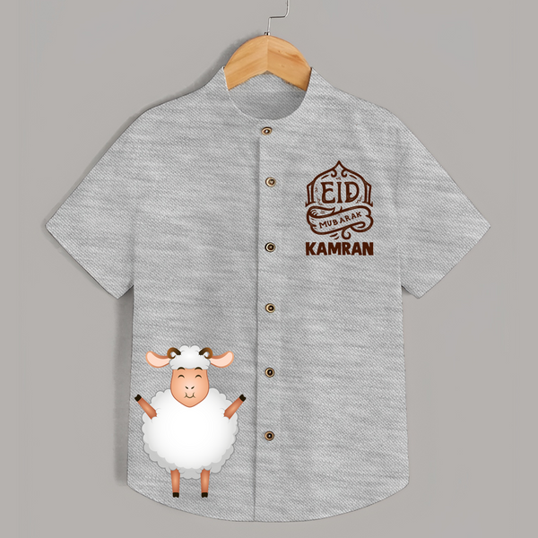 Eid Mubarak with cute lamp Personalized Kids Shirt - GREY - 0 - 6 Months Old (Chest 23")