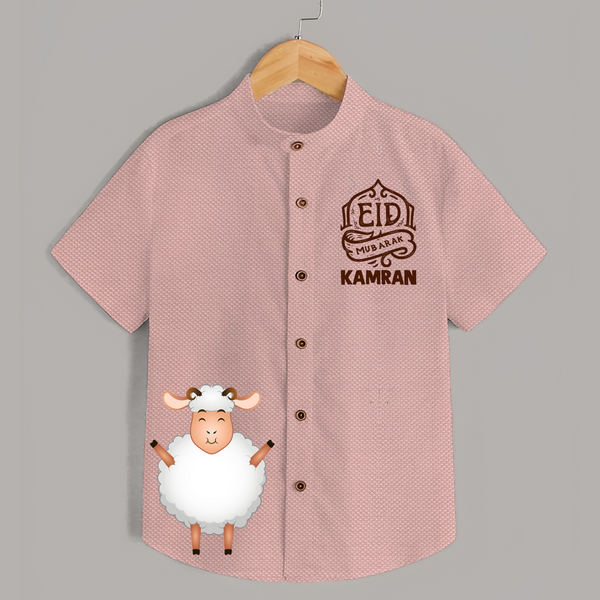 Eid Mubarak with cute lamp Personalized Kids Shirt - PEACH - 0 - 6 Months Old (Chest 23")