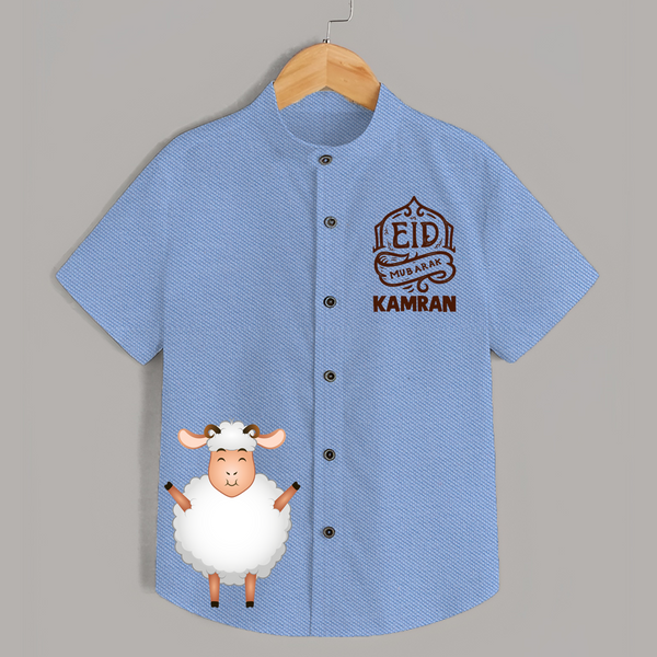 Eid Mubarak with cute lamp Personalized Kids Shirt - SKY BLUE - 0 - 6 Months Old (Chest 23")