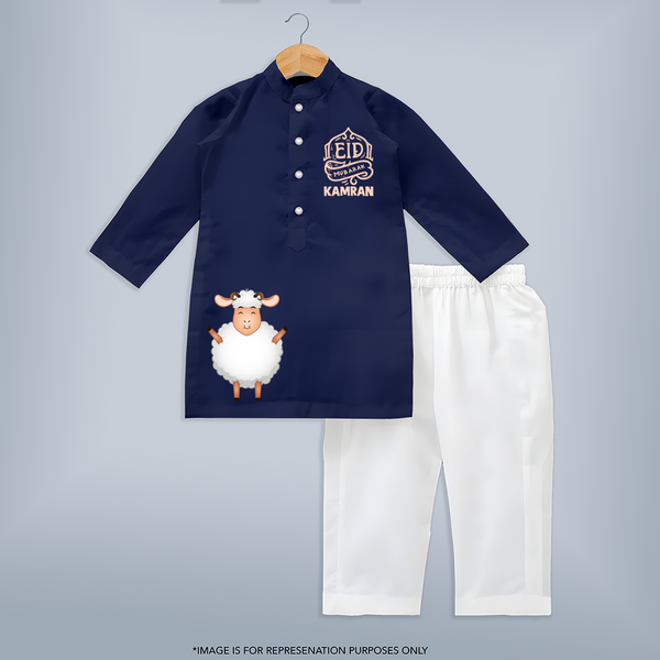 Eid Mubarak with cute lamp Personalized Kids Kurta - NAVY BLUE - 3 - 6 Months Old (Chest 24", Kurta Length 14'', Waist 19", Pant Length 14")