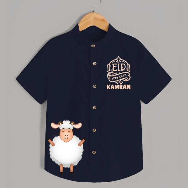 Eid Mubarak with cute lamp Personalized Kids Shirt - NAVY BLUE - 0 - 6 Months Old (Chest 23")