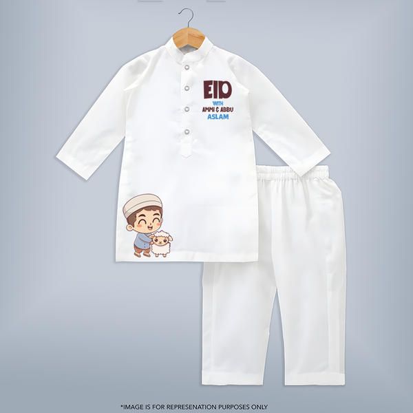 Eid with ammu & abbu boy version Personalized Kids Kurta - WHITE - 3 - 6 Months Old (Chest 24", Kurta Length 14'', Waist 19", Pant Length 14")