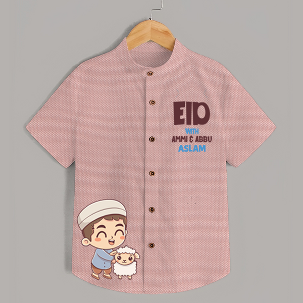 Eid with ammu & abbu boy version Personalized Kids Shirt - PEACH - 0 - 6 Months Old (Chest 23")