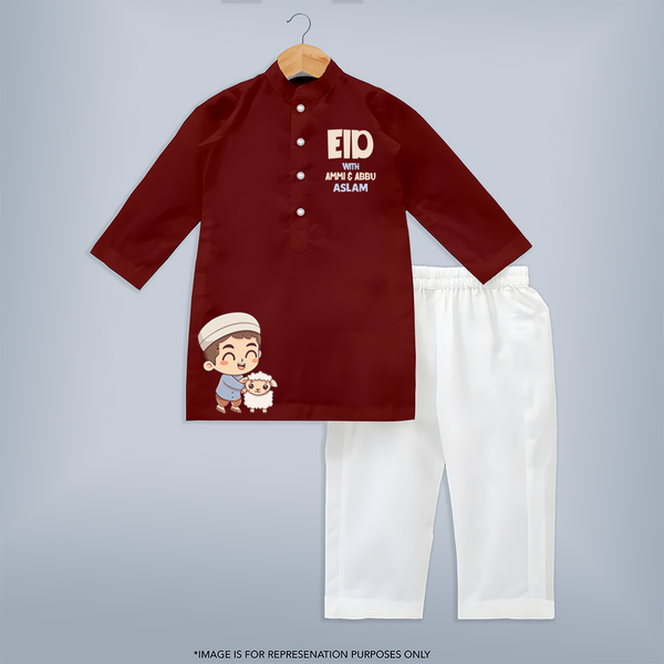 Eid with ammu & abbu boy version Personalized Kids Kurta - MAROON - 3 - 6 Months Old (Chest 24", Kurta Length 14'', Waist 19", Pant Length 14")
