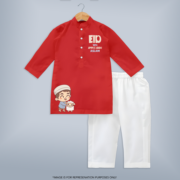 Eid with ammu & abbu boy version Personalized Kids Kurta - RED - 3 - 6 Months Old (Chest 24", Kurta Length 14'', Waist 19", Pant Length 14")