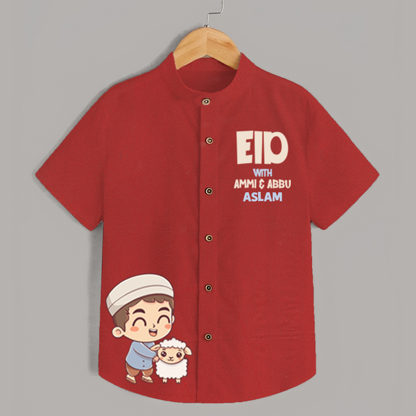 Eid with ammu & abbu boy version Personalized Kids Shirt - RED - 0 - 6 Months Old (Chest 23")