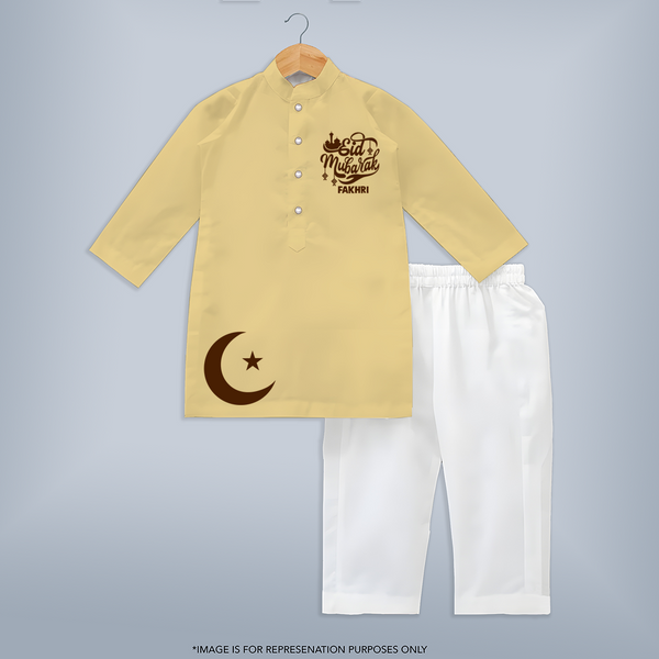Eid Mubarak with moon Personalized Kids Kurta - PASTEL YELLOW - 3 - 6 Months Old (Chest 24", Kurta Length 14'', Waist 19", Pant Length 14")