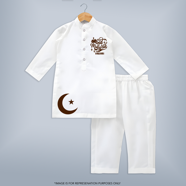 Eid Mubarak with moon Personalized Kids Kurta - WHITE - 3 - 6 Months Old (Chest 24", Kurta Length 14'', Waist 19", Pant Length 14")