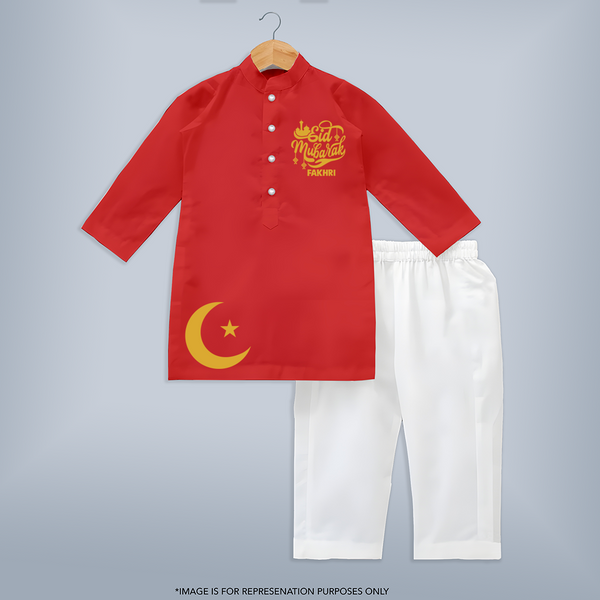 Eid Mubarak with moon Personalized Kids Kurta - RED - 3 - 6 Months Old (Chest 24", Kurta Length 14'', Waist 19", Pant Length 14")