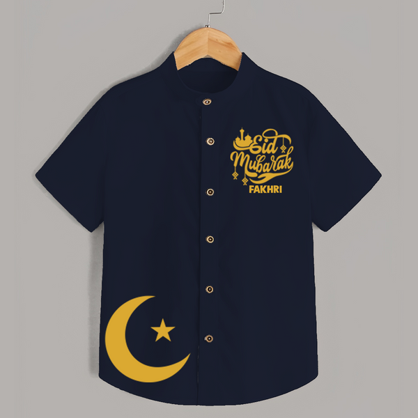 Eid Mubarak with moon Personalized Kids Shirt - NAVY BLUE - 0 - 6 Months Old (Chest 23")