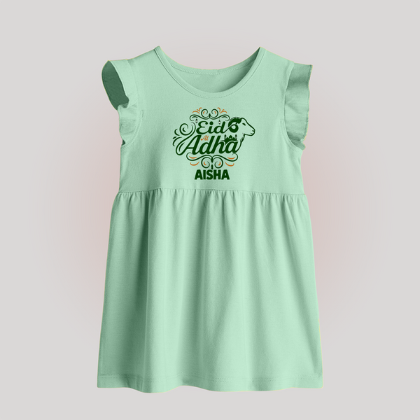 Personalized Eid Al Adha Baby Baby Frock with Goat Illustration - MINT GREEN - 0 - 3 Months Old (Chest 17")