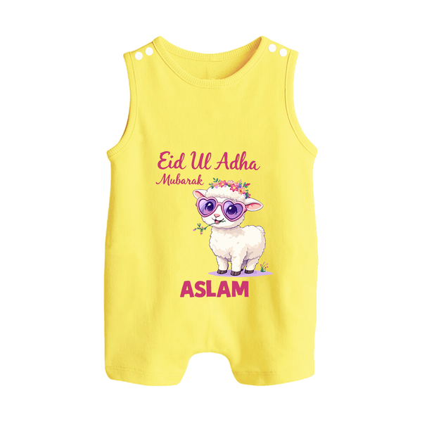 Eid Ul Adha Mubarak Cute Lamb Personalized Baby Button Romper - PASTEL YELLOW - New Born (Chest 18")