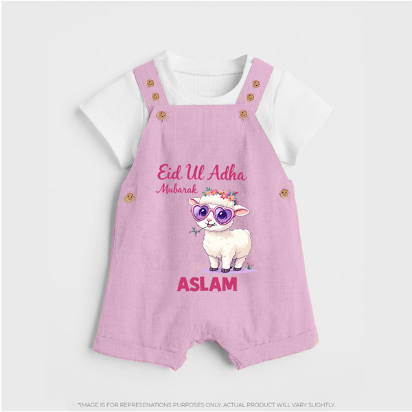 Eid Ul Adha Mubarak Cute Lamb Personalized Baby dungaree - BABY PINK - 0 - 5 Months Old (Chest 18")