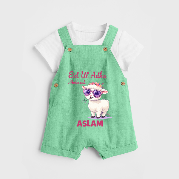 Eid Ul Adha Mubarak Cute Lamb Personalized Baby dungaree - GREEN - 0 - 5 Months Old (Chest 18")