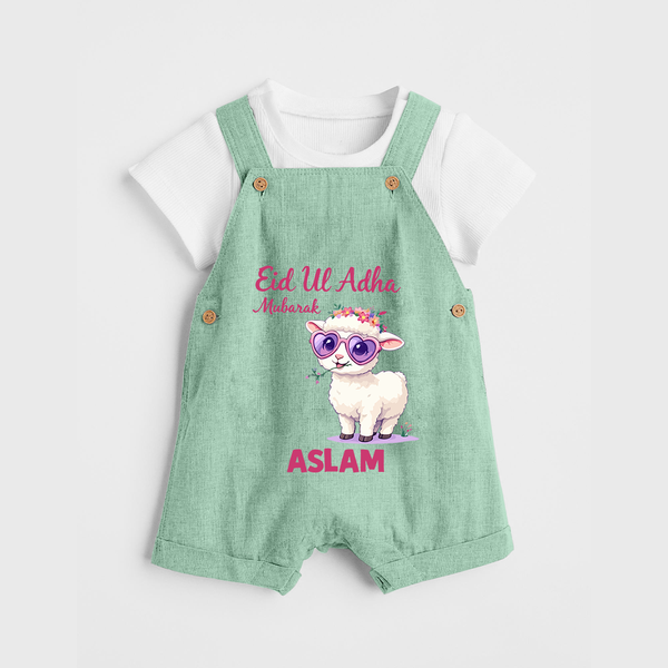 Eid Ul Adha Mubarak Cute Lamb Personalized Baby dungaree - MINT GREEN - 0 - 5 Months Old (Chest 18")