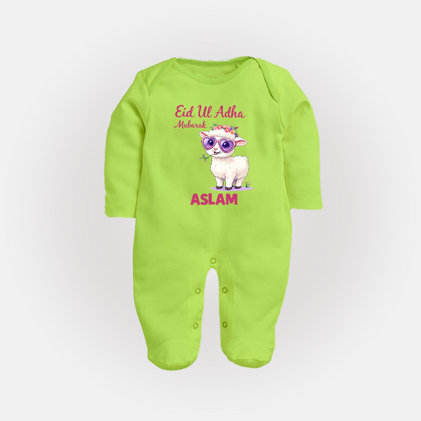 Eid Ul Adha Mubarak Cute Lamb Personalized Baby Full Body Suit - LIME GREEN - New Born (Chest 7.5")