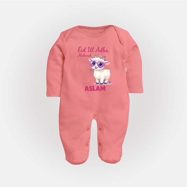 Eid Ul Adha Mubarak Cute Lamb Personalized Baby Full Body Suit - PEACH - New Born (Chest 7.5")