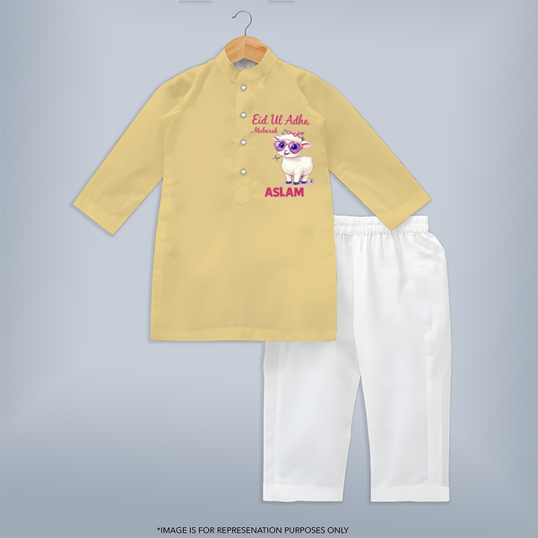 Eid Ul Adha Mubarak Cute Lamb Personalized Baby Kurta set - PASTEL YELLOW - 3 - 6 Months Old (Chest 24", Kurta Length 14'', Waist 19", Pant Length 14")