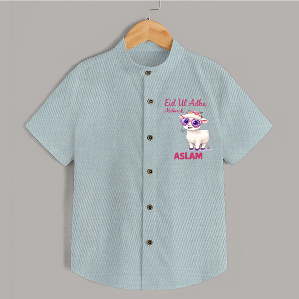 Eid Ul Adha Mubarak Cute Lamb Personalized Baby Shirt - ARCTIC BLUE - 0 - 6 Months Old (Chest 23")