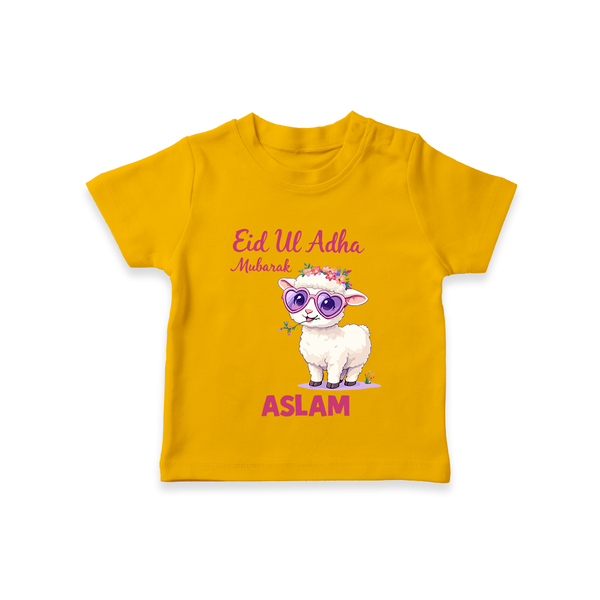 Eid Ul Adha Mubarak Cute Lamb Personalized Baby Tshirt - CHROME YELLOW - 0-5 Months Old (Chest 17")