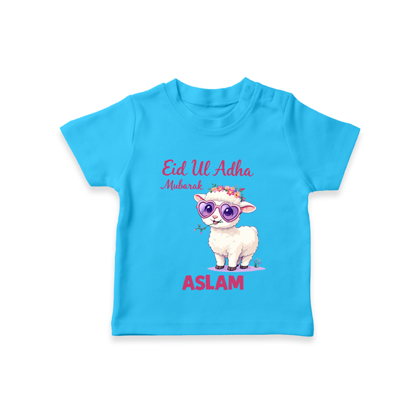 Eid Ul Adha Mubarak Cute Lamb Personalized Baby Tshirt - SKY BLUE - 0-5 Months Old (Chest 17")