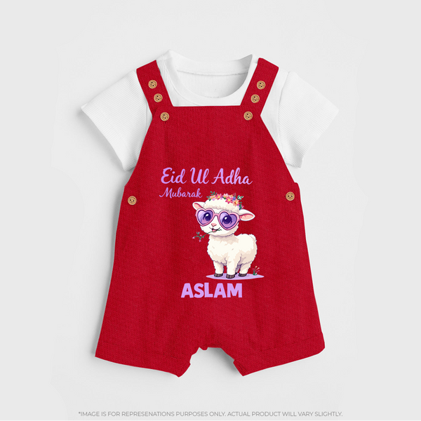Eid Ul Adha Mubarak Cute Lamb Personalized Baby dungaree - RED - 0 - 5 Months Old (Chest 18")