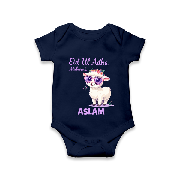 Eid Ul Adha Mubarak Cute Lamb Personalized Baby Romper - NAVY BLUE - New Born (Chest 14")