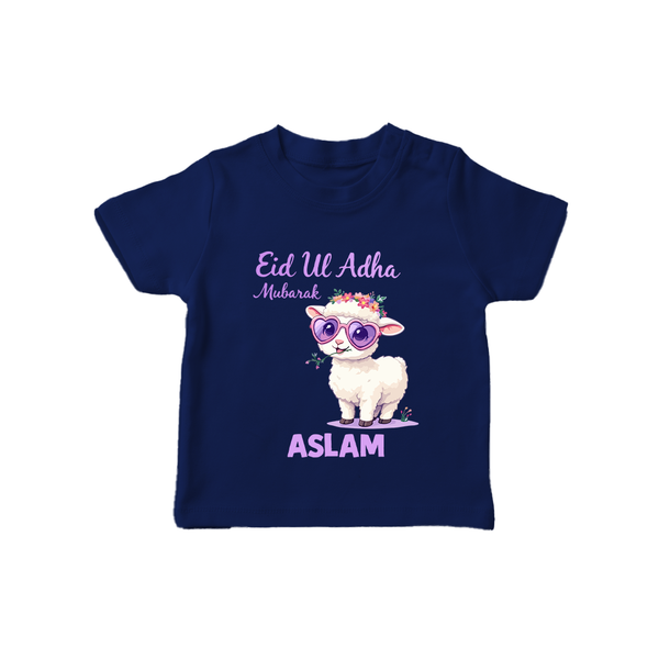 Eid Ul Adha Mubarak Cute Lamb Personalized Baby Tshirt - NAVY BLUE - 0-5 Months Old (Chest 17")