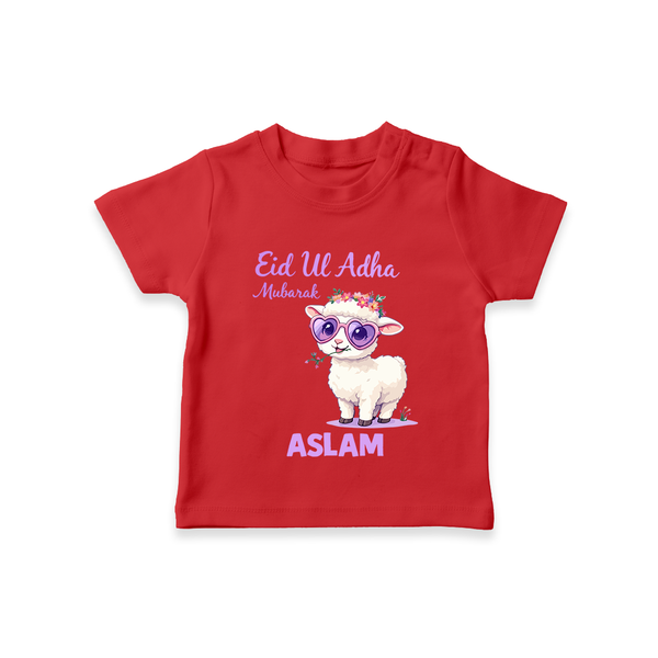 Eid Ul Adha Mubarak Cute Lamb Personalized Baby Tshirt - RED - 0-5 Months Old (Chest 17")