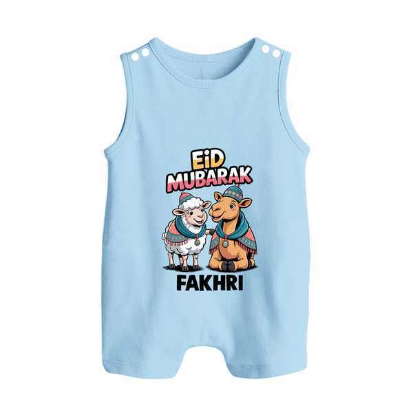 Eid Mubarak Sheep & Camel Personalized Baby Button Romper - BABY BLUE - New Born (Chest 18")