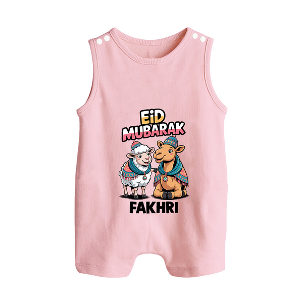 Eid Mubarak Sheep & Camel Personalized Baby Button Romper - BABY PINK - New Born (Chest 18")