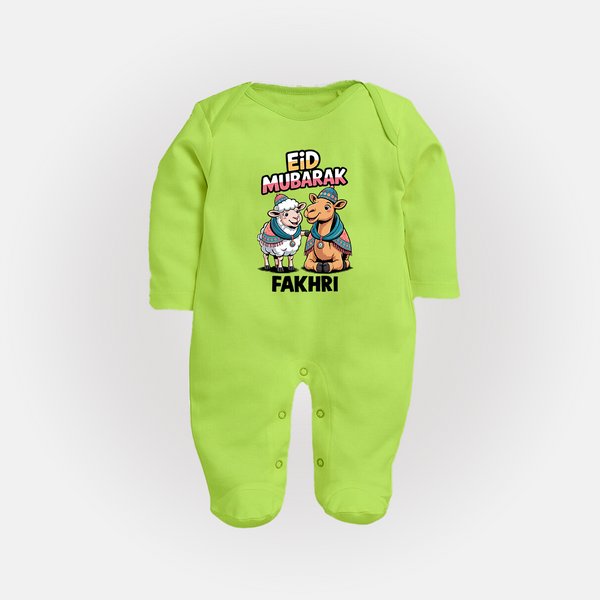 Eid Mubarak Sheep & Camel Personalized Baby Full Body Suit - LIME GREEN - New Born (Chest 7.5")