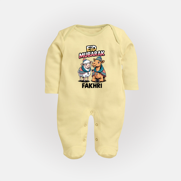 Eid Mubarak Sheep & Camel Personalized Baby Full Body Suit - PASTEL YELLOW - New Born (Chest 7.5")