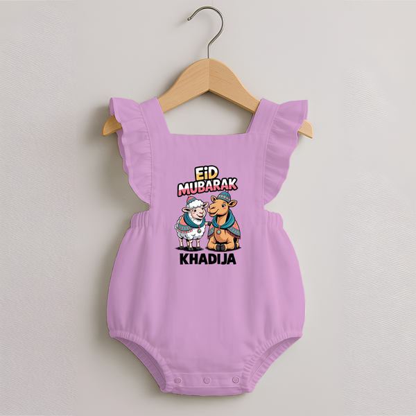 Eid Mubarak Sheep & Camel Personalized Baby Romper Frock - BABY PINK - 0 - 3 Months Old (Chest 19")
