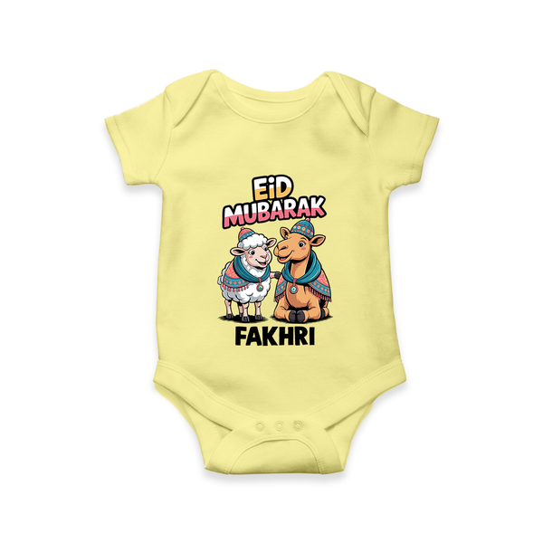 Eid Mubarak Sheep & Camel Personalized Baby Romper - PASTEL YELLOW - New Born (Chest 14")